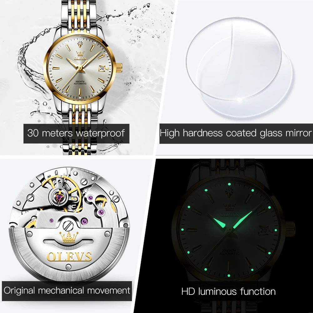 OLEVS 6635 기계식 비즈니스 시계, 라운드 다이얼 스테인리스 스틸 시계 밴드, 주간 디스플레이 캘린더, 발광