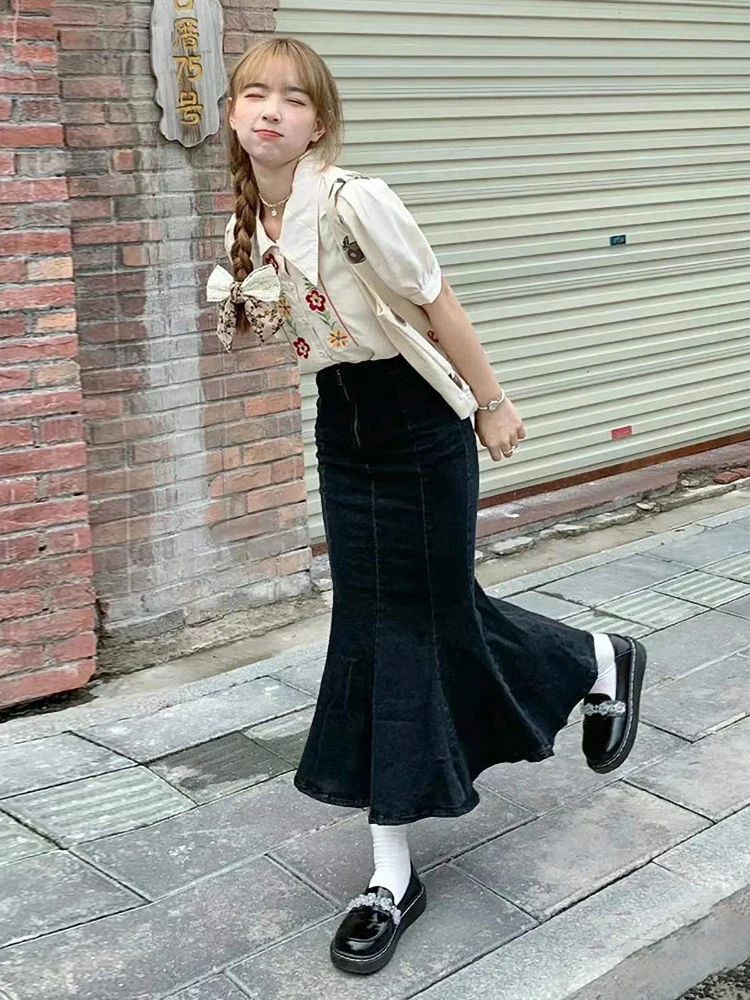 

Джинсовая юбка с высокой талией, женская длина f, весна-лето, новинка, эластичная черная юбка со складками, облегающая юбка в Корейском стиле