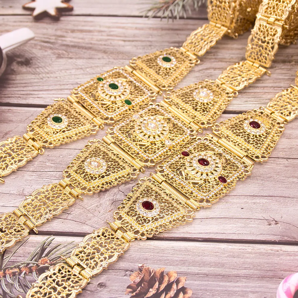 Sunspicems Chic Arabic Morocco Women Belt Gold Color Crystal Waist Chain Adjustable Length Algeria Bridal Wedding Jewelry