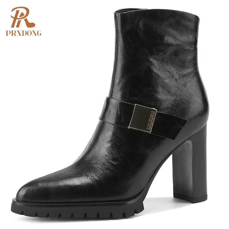 PRXDONG scarpe da donna 2024 nuova moda stivaletti in vera pelle tacchi alti piattaforma cerniera nera autunno inverno scarpe calde 39