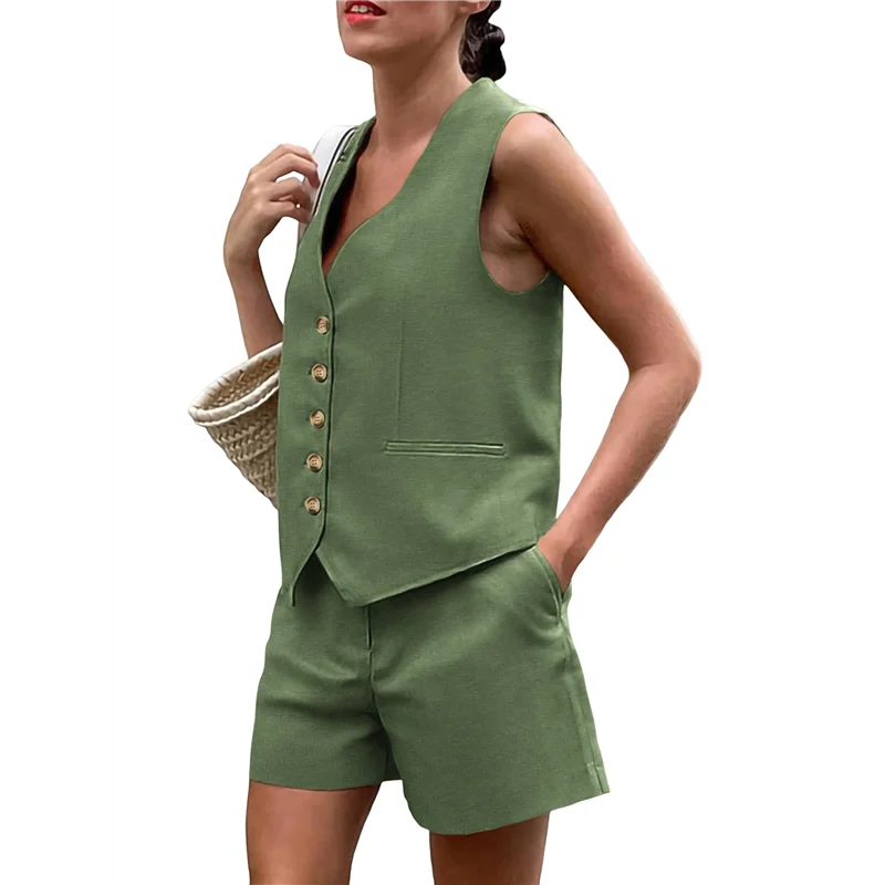 

CYL-женские летние комплекты из двух предметов, одинаковые комплекты без рукавов, жилет на пуговицах с V-образным вырезом, жилет и шорты с карманами