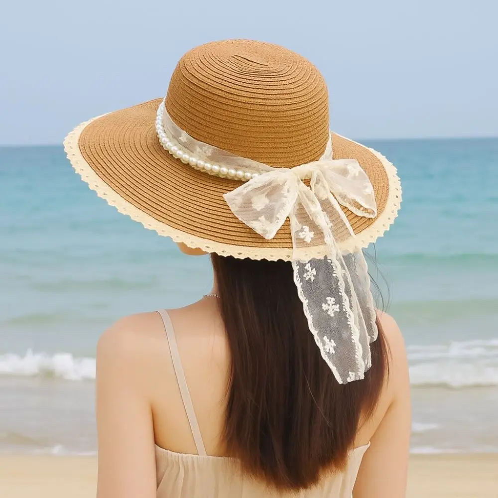 

Sweet Elegant Wide Brim Straw Hat Breathable Pearl Chain Lace Tied Sun Hat Lightweight Comfortable To Wear Beach Hat Summer