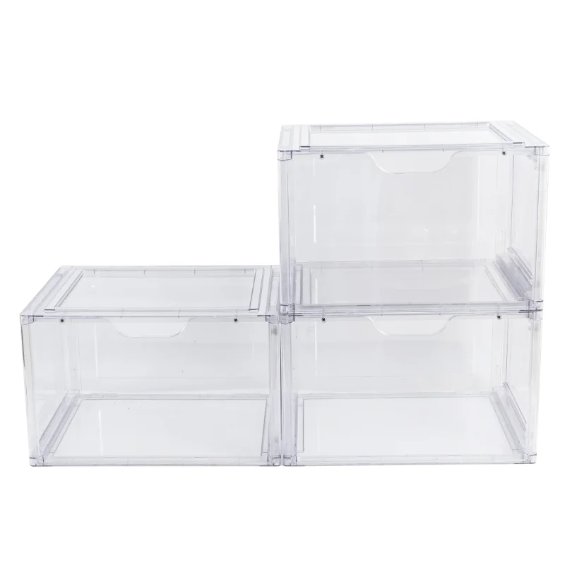 3 Pack Stackable Clear Glossy Plastic Drop Front Shoe Boxes, Adult Size, 1 Tier