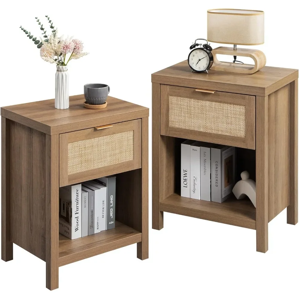 

Rattan Nightstand Set of 2 - Farmhouse Night Stand with Drawer and Storage Shelf - Boho Bedside Table Accent Table for Bedroom