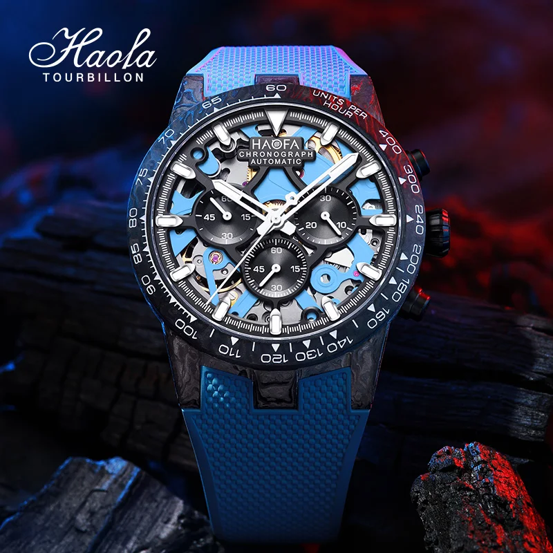 Haofa Carbon Fiber Chronograph Automatic Mechanical Watches for Men Panda Dial Waterproof Mens Wristwatch Sapphire Luminous 2367