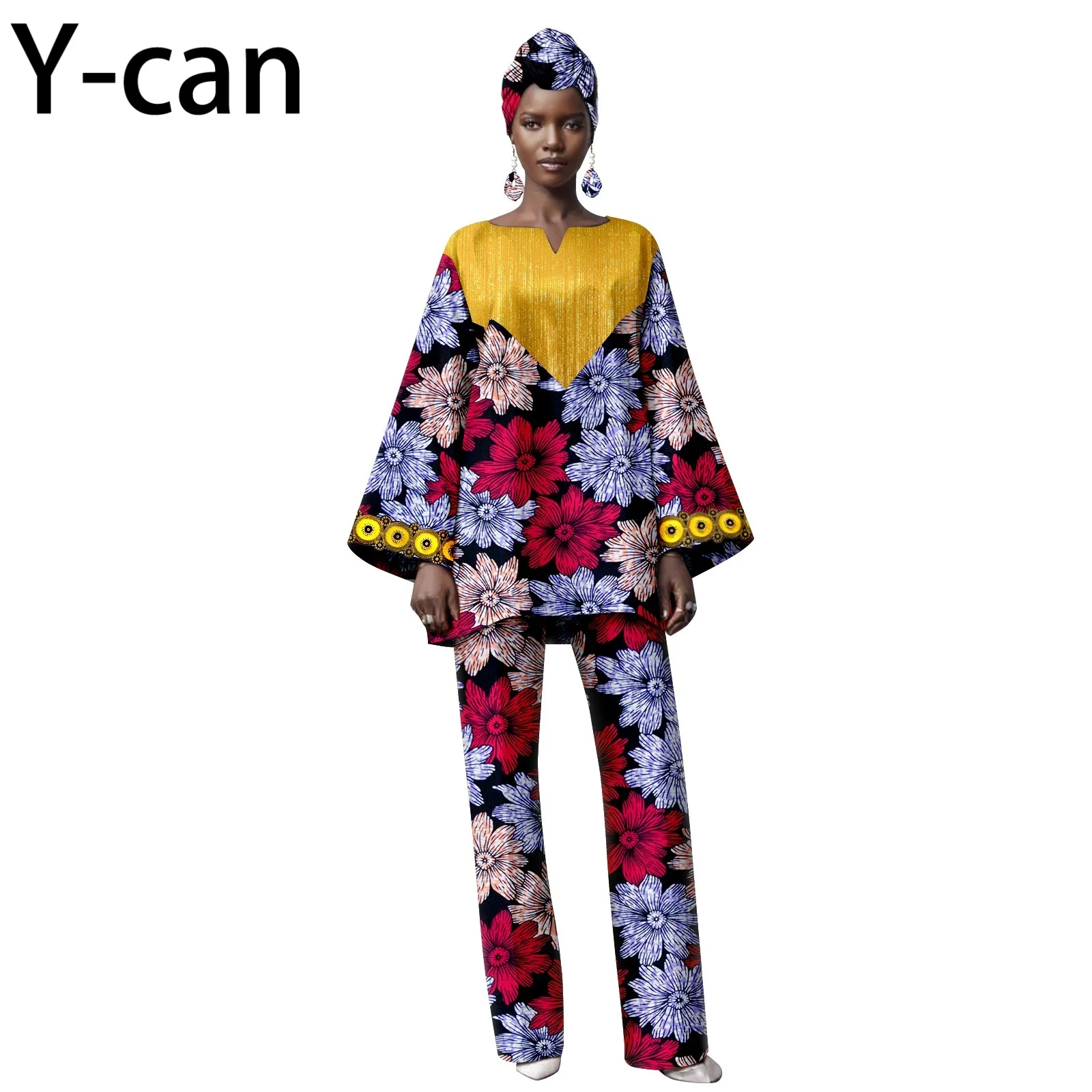 

African Church Clothes for Women New Fashion Horn Sleeve Top and Full Length Pants 2 Piece Set With Headscarf Earrings 2526021