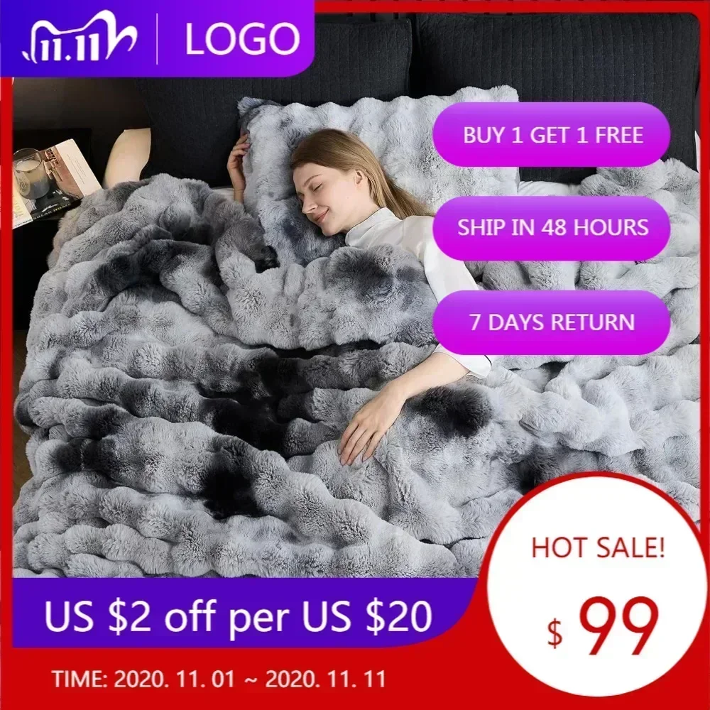 

Hot salesLuxurious King-Sized Plush Rabbit Fur-Like Bubble Comforter Set, Tie-Dyed Grey Cozy Bedding Ensemble, Soft and Warm