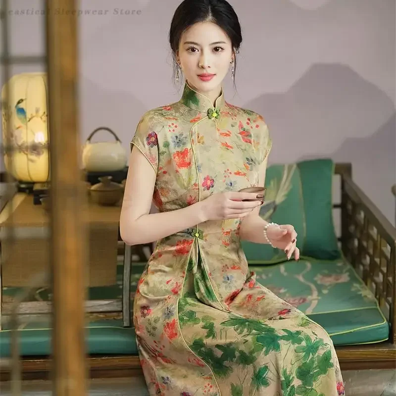 

Длинное платье Ao Dai Cheongsam PLUS SIZE с женским принтом и цветочным принтом, новое улучшенное платье Qipao Vestidos в китайском стиле, модное платье трапециевидной формы Ao Dai