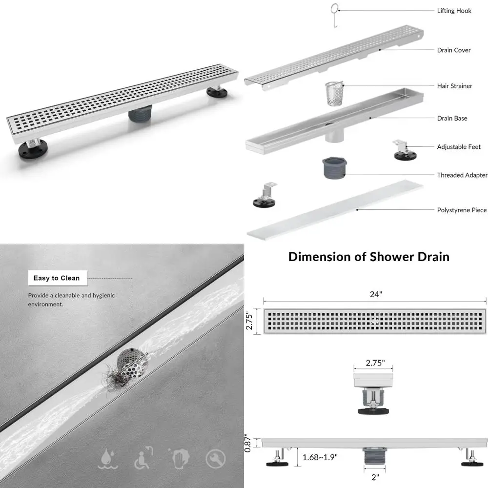 

Stainless Steel 24 Inch Linear Shower Drain with Removable Grate and Brushed Nickel Finish, CUPC Certified Accessories Included