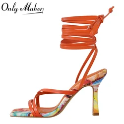 Onlymaker Women Colorful Square Toe  Strap Stiletto Fashion Big Size  9CM Thin Heel Summer Sandals