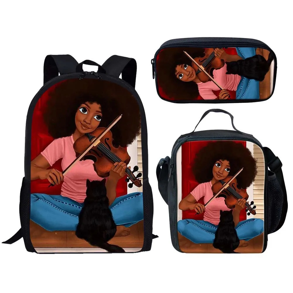 Kartun keren gadis Afrika 3 Pcs/Set ransel cetak 3D tas sekolah kampus siswa Anime Laptop tas makan siang tas pensil