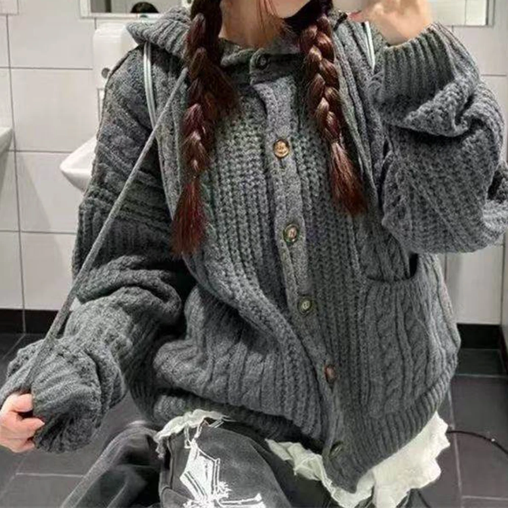 

retro lazy wind soft waxy hooded knitted cardigan women's autumn and winter rough twist flower big pocket sweater jacket top