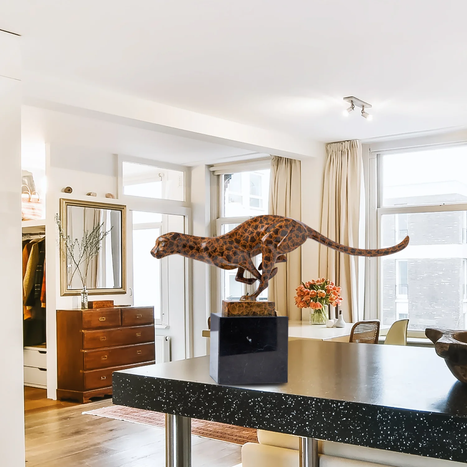 Bronze Leopard Statue On Marble Base Lost-Wax Cast Panther Jaguar Sculpture Handmade Animal Figurine For Home Art Desk Decor view 4