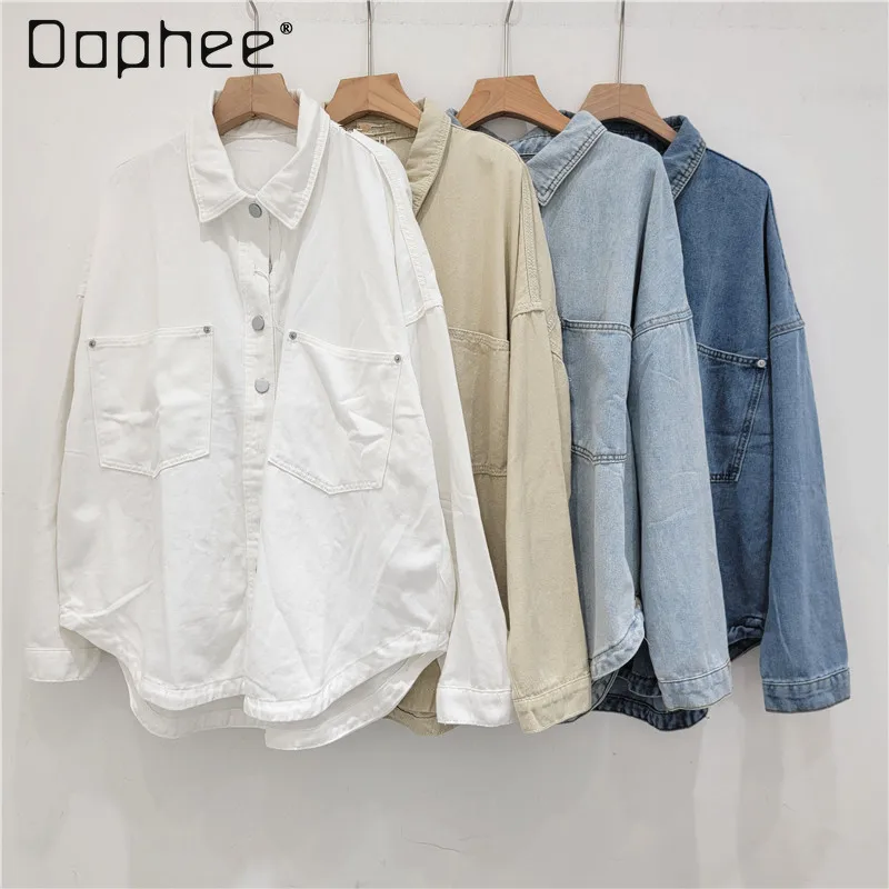 

Simple Denim Shirt for Women Minimalism Pocket Irregular Hem Loose Long Sleeve Lapel Blouse Basics All Matching Jeans Tops