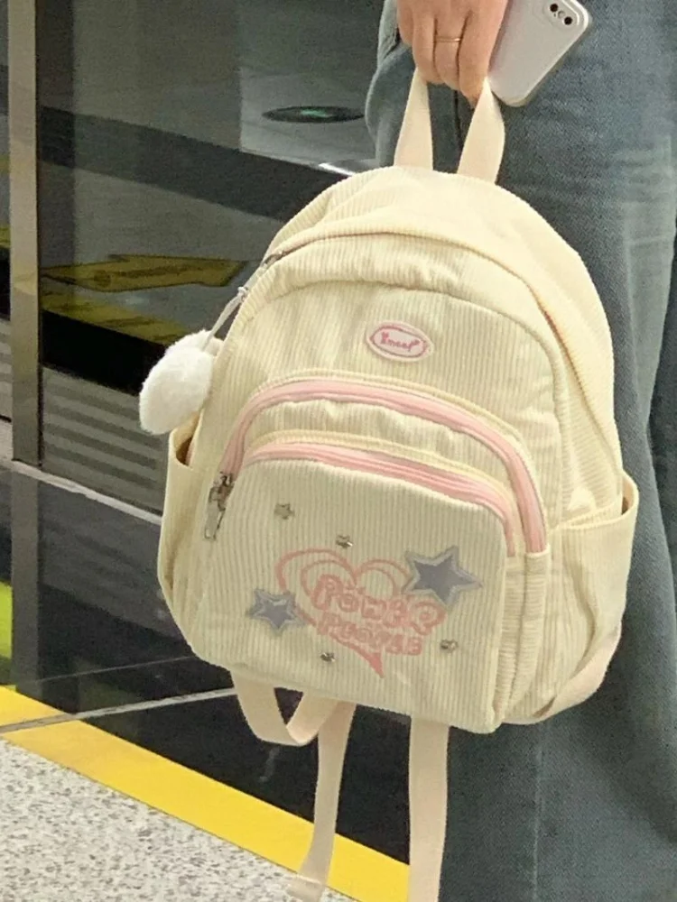 Sweet Girls Corduroy Star Letter Embroidery Backpack Women Students Kawaii Schoolbag Fashion Y2k Aesthetic Chic Backpacks