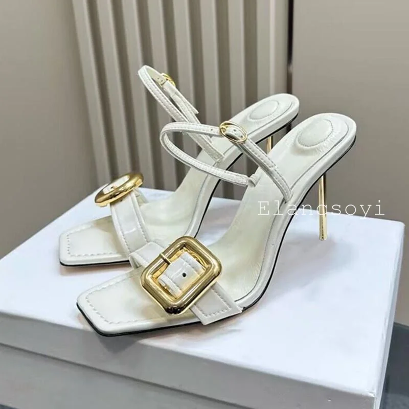Summer Genuine Leather Metal Buckle Open Toe Sandals Women Solid Color Back Strap Slim Heel Sandalia Party Banquet Dress Shoes