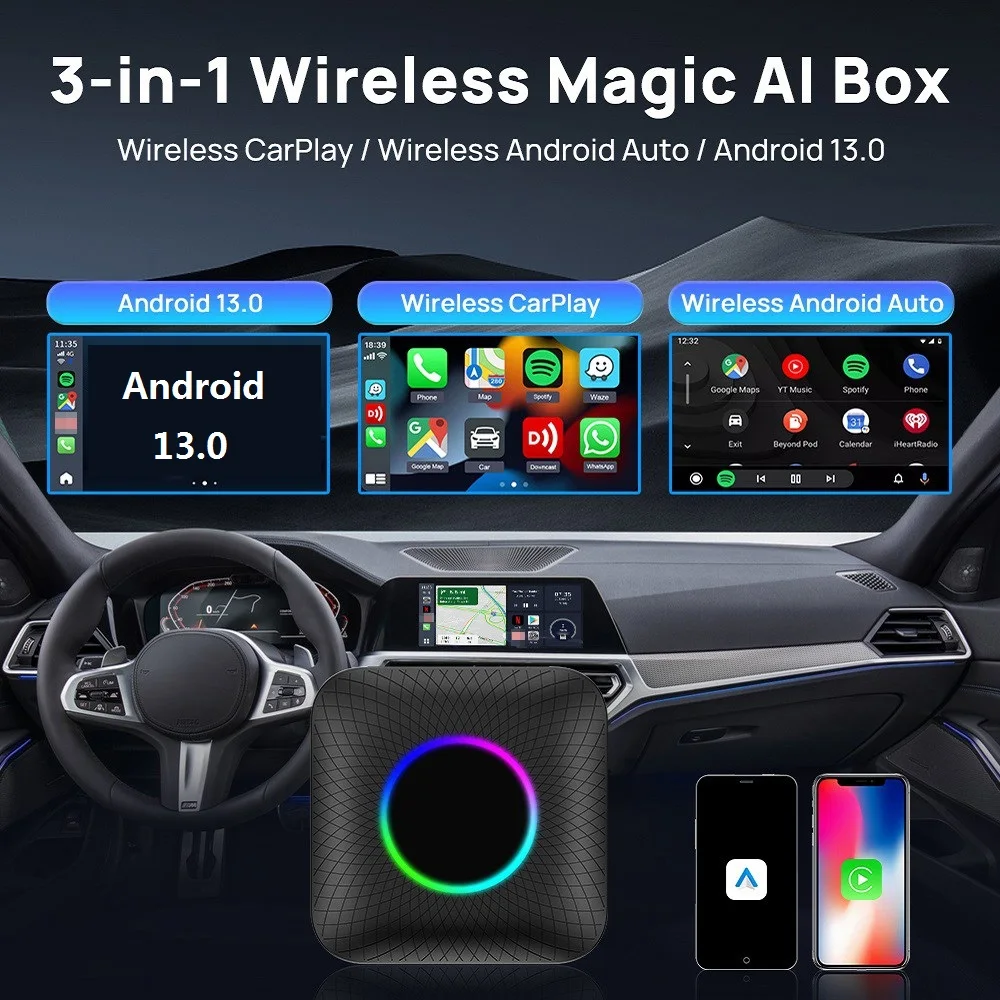 Universal Android 13.0 Aibox Wireless Apple Carplay Android Auto Smart Car Play TV box Support YouTube Netflix IPTV Waze Spotify