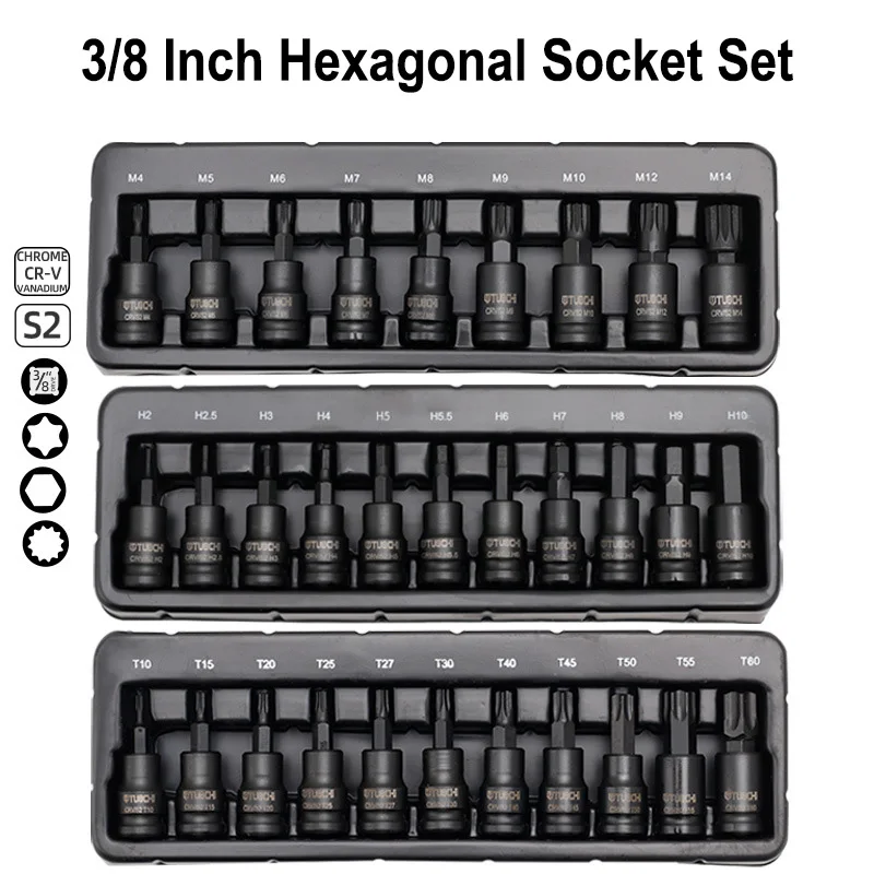 

3/8 Inch Hexagonal Socket Set Chrome Vanadium Alloy Steel Torx Tool Socket Head for Manual Wrench