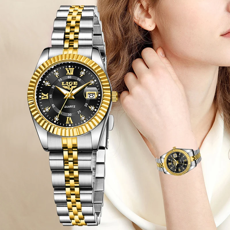 LIGE موضة أنيقة المرأة كوارتز ساعة اليد الإبداعية الصلب مقاوم للماء الساعات للنساء العلامة التجارية الفاخرة تاريخ Reloj Mujer + BOX
