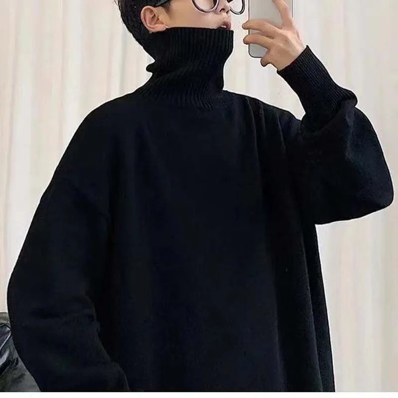 Maglione nero collo alto Ins uomo autunno e inverno da uomo spessa versione coreana tendenza Pullover sciolto tinta unita fondo maglia Th