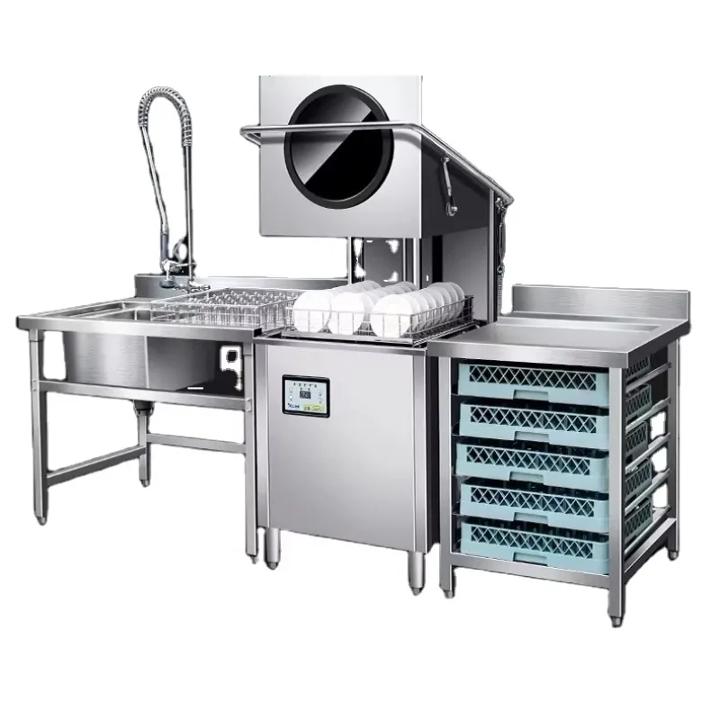 Custom Restaurant Kitchen Freestanding Automatic Hood Type Electric Commercial Dishwasher Machine