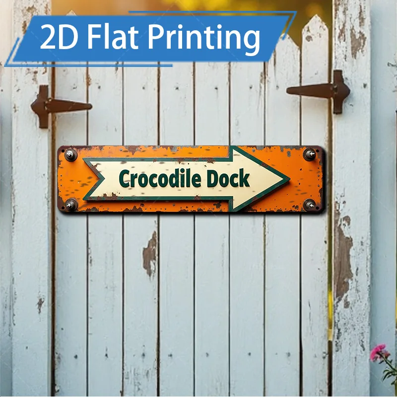 [2D FLAT] 1 قطعة علامة معدنية، 4 × 16 بوصة حوض تمساح ريفي علامة معدنية سهم اتجاهي جدار الفن