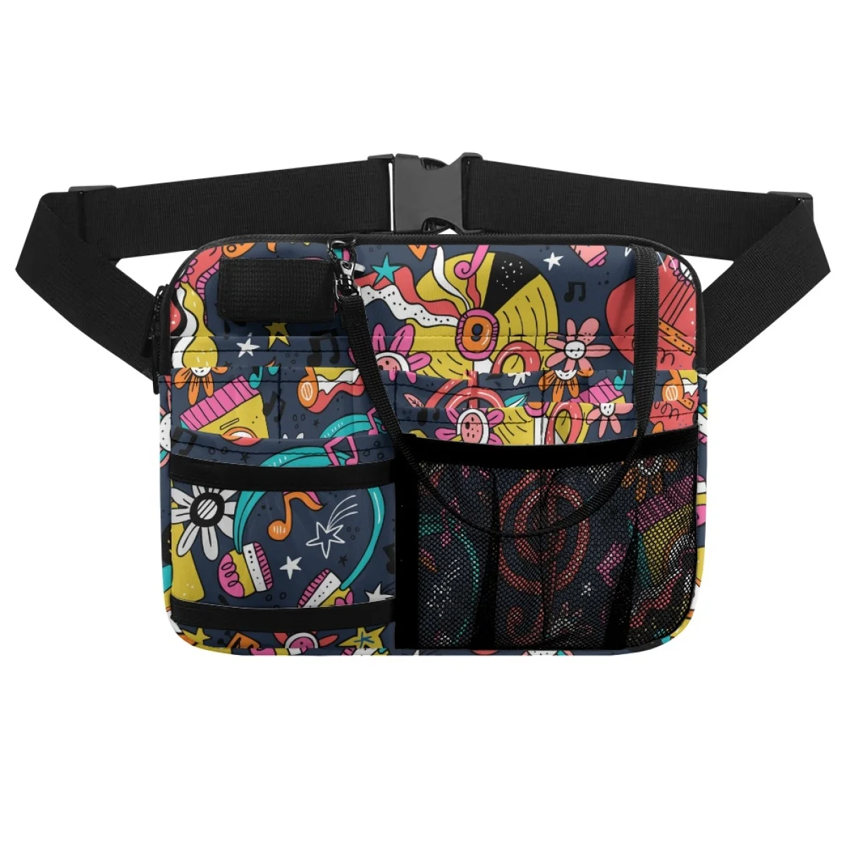 

New Rainbow Colors Flower Note Pattern Satchel Storage Medical Tools Waistpack Multi Pockets Zippers Soft Storage Crossbody Bag