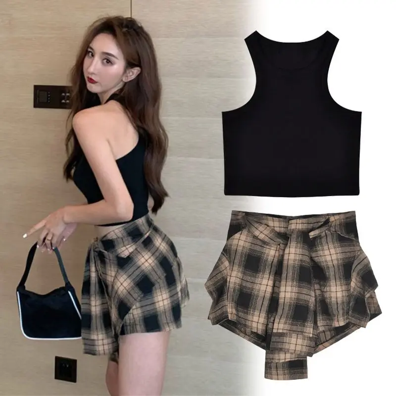 

Women’s Suit Summer Spice Girls Crop Tops New Slim Slim Undershirt Tops Sexy Irregular Plaid Shorts Skirt Skirt Pants Two-piece