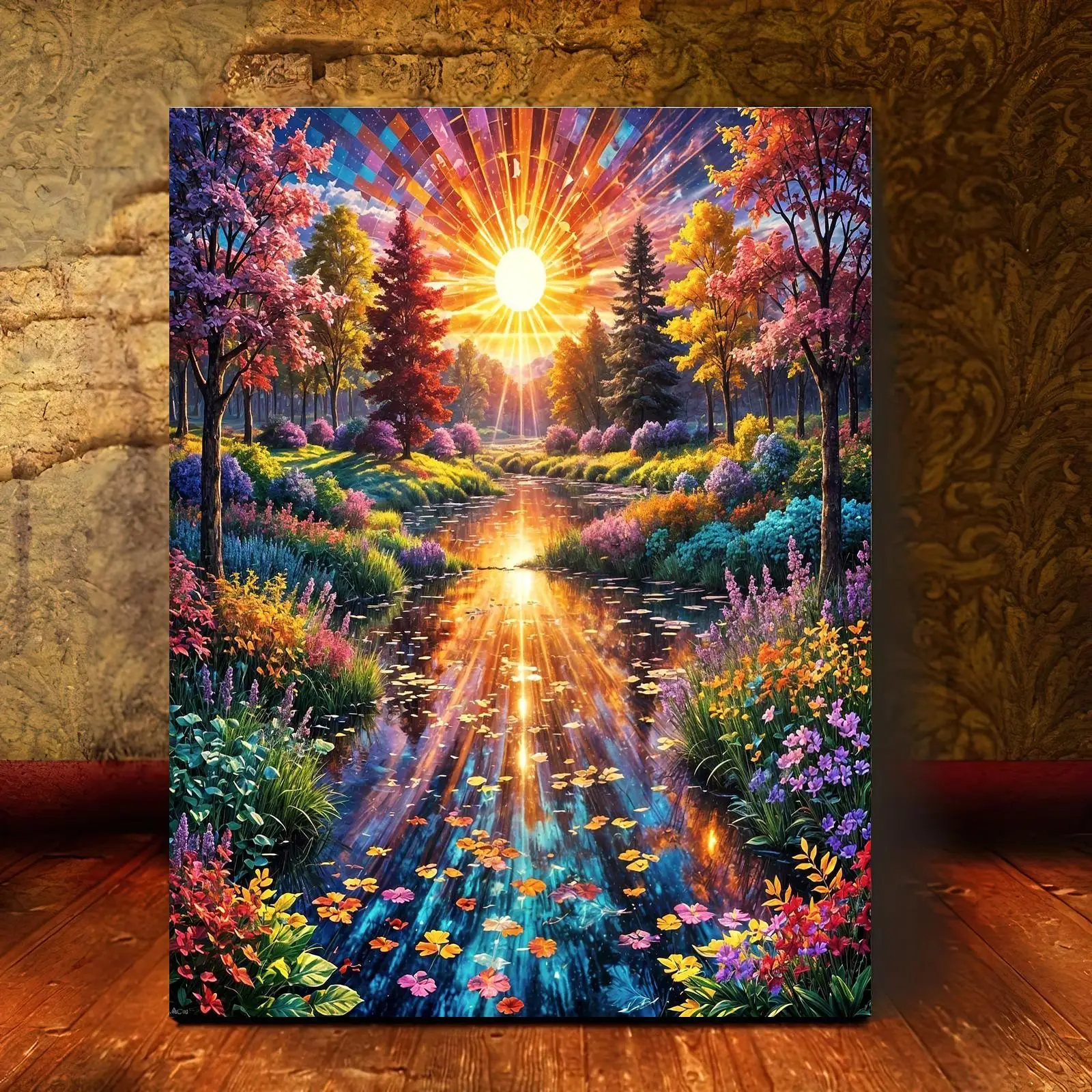 Professional Art Use: A Frameless Digital Oil Painting Kit Featuring a Beautiful Scene of a Forest Stream Reflecting Sunlight