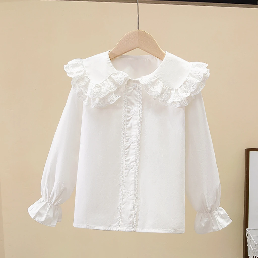 Girls spring and summer white doll collar shirt big kidsren\'s long-sleeved shirt fashionable lace top