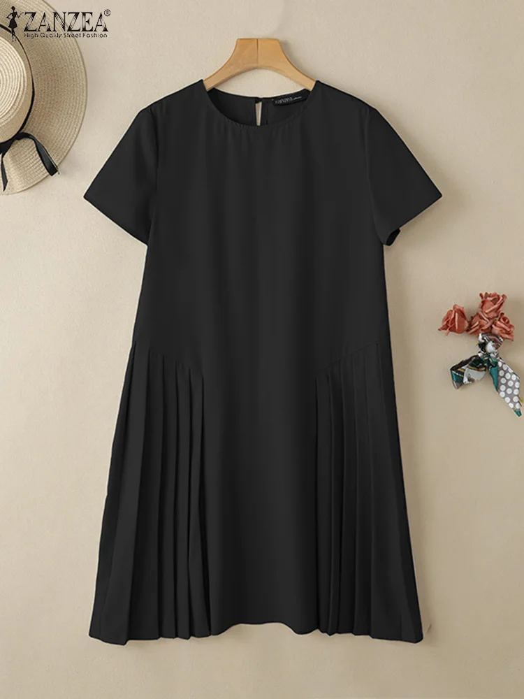 

ZANZEA 2025 Summer Side-Pleated Vestidos Elegant Woman Short Sleeve Commute Knee-length Dresses Fashion O-Neck A-line Robe Femme