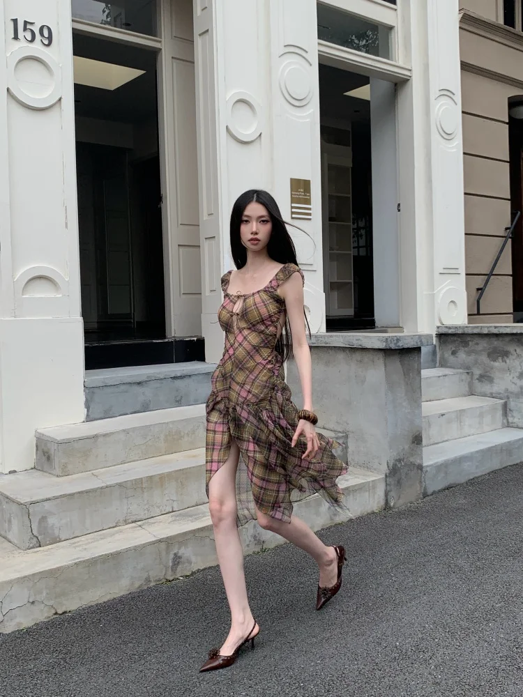 Summer Plaid Chiffon Chic Backless Sexy Sling Dress Women Elegant Bandage Casual Dress 2026 Korean Bodycon Luxury Evening Dress