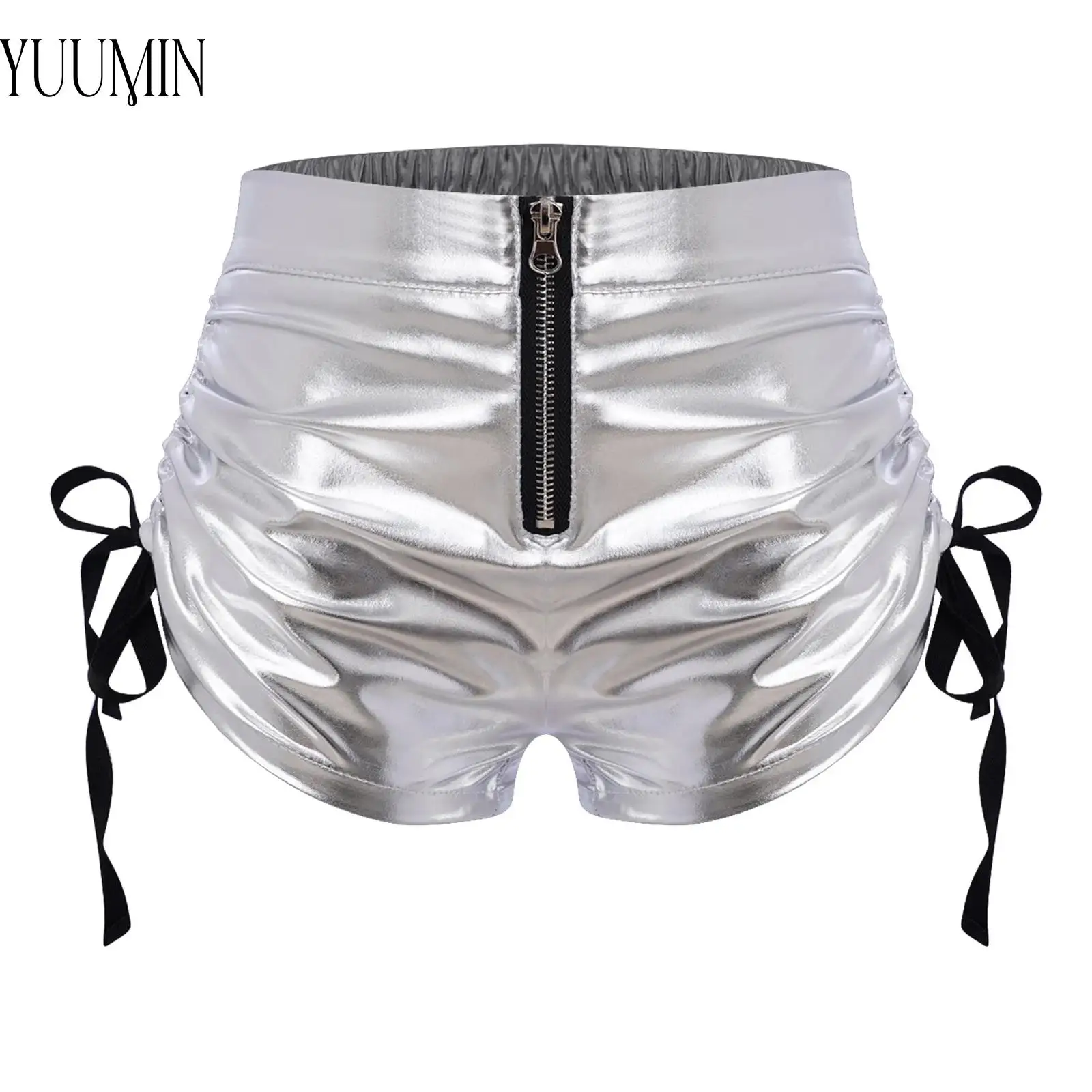 

Children Girls Hip Hop Jazz Dance Costume Elastic Waist Side Drawstring Front Zipper Metallic Shorts for Dance Class Performance