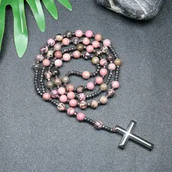 1PC Rose Red Natural Stone Cross Bead Necklace with Iron Gallstone Beads Handmade Beads 8mm Men's Ethnic Style Necklace