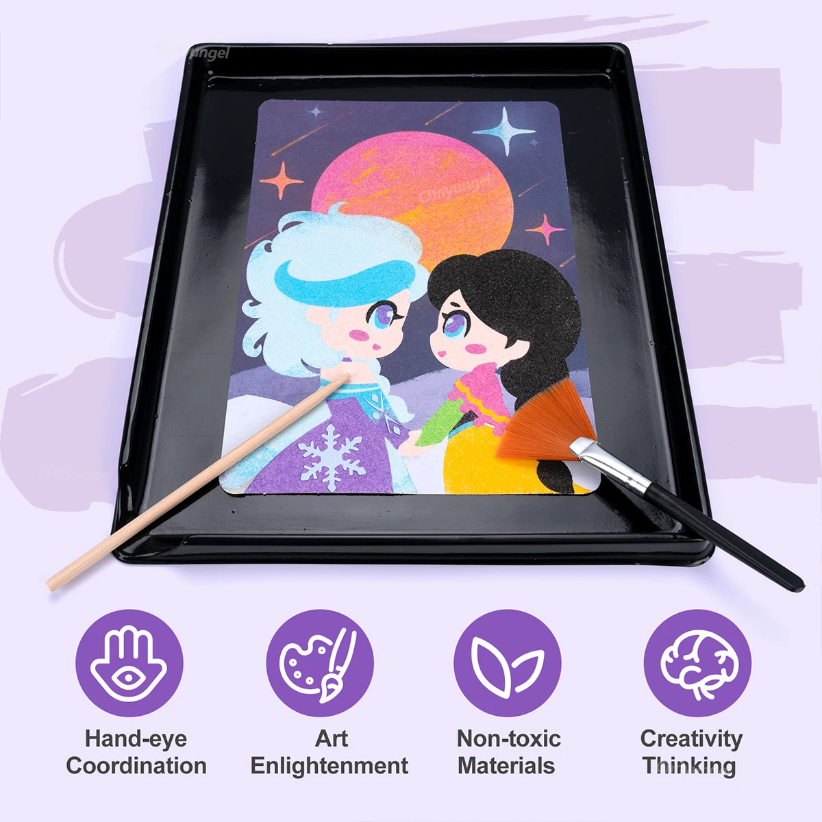 مجموعة فنية الرمل السحري للأطفال الأميرة / القلعة / بطاقات الحيوانات مع مجموعة الرمل الملونة DIY ألعاب تعليمية مونتيسوري هدية للأولاد والبنات