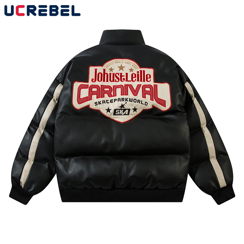 

Spliced Patch Embroidery Padded Jacket Mens High Street Winter Thick Stand Collar Long Sleeve Leather Bread Jacket Men