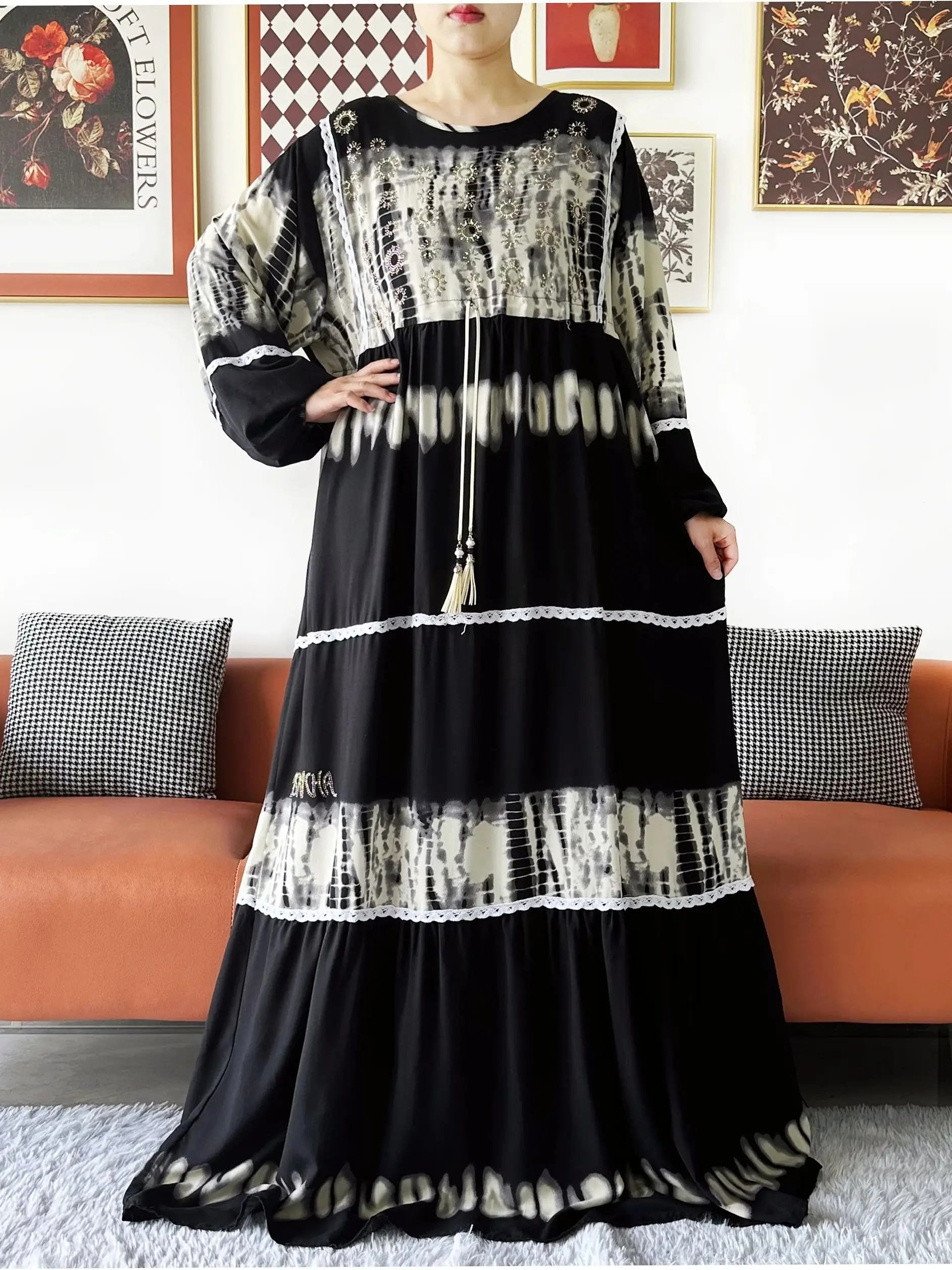 High Grade Design Dubai Frauen Abaya Langarm Herbst Kleid Baumwolle Mit Großen Schal Boubou Maxi Islam Frauen Kleid Afrikanische Abaya