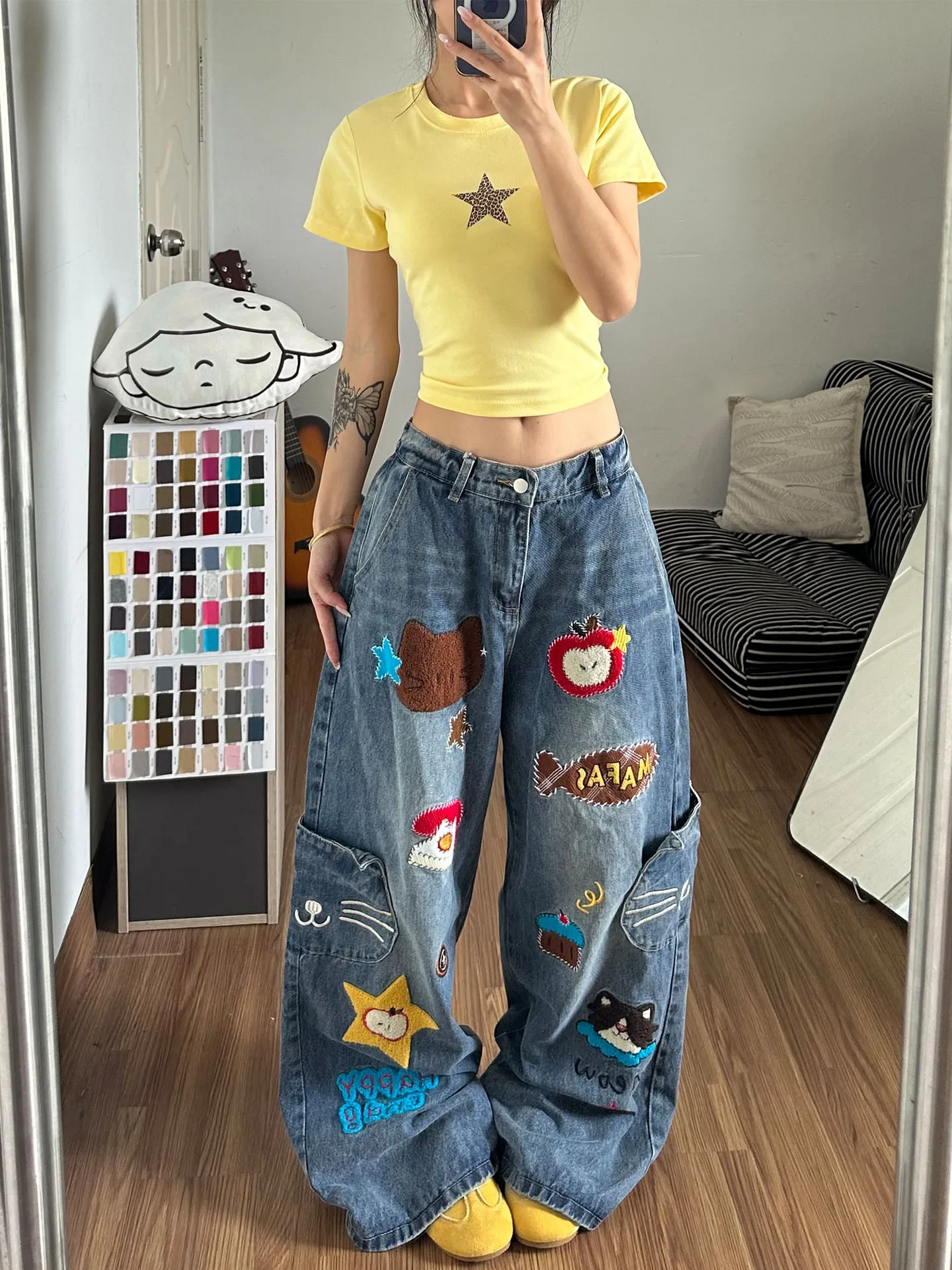 

Cartoon Embroidered Loose Wide Leg Jeans Women's Spring New Style BF Style Casual High Waist Straight Leg Blue Denim Pants