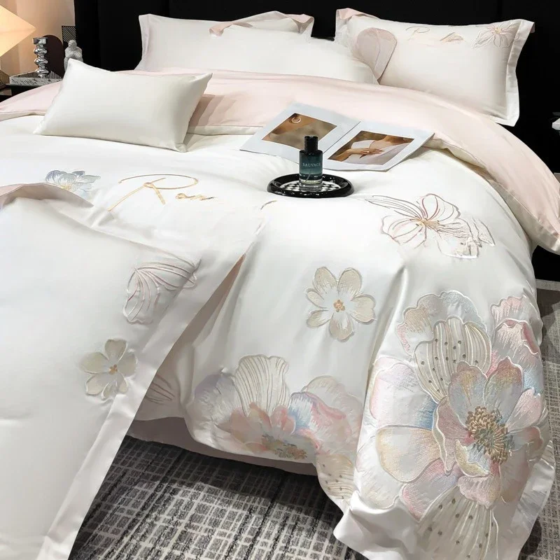 Premium Classe A, cotone satinato a fibra lunga, set da quattro pezzi, lusso leggero, copripiumino con fiori ricamati