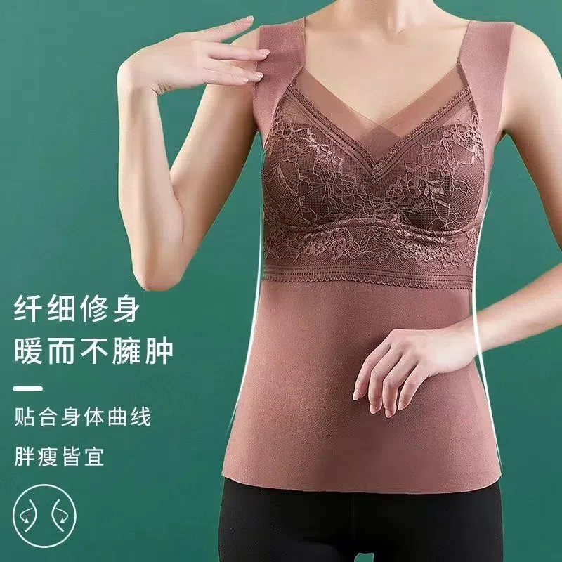 Underwear Dralon Thermal Vest Autumn and Winter Lace Velvet Thickened Women\'s Inner Wear with Chest Pad Thermal Bra