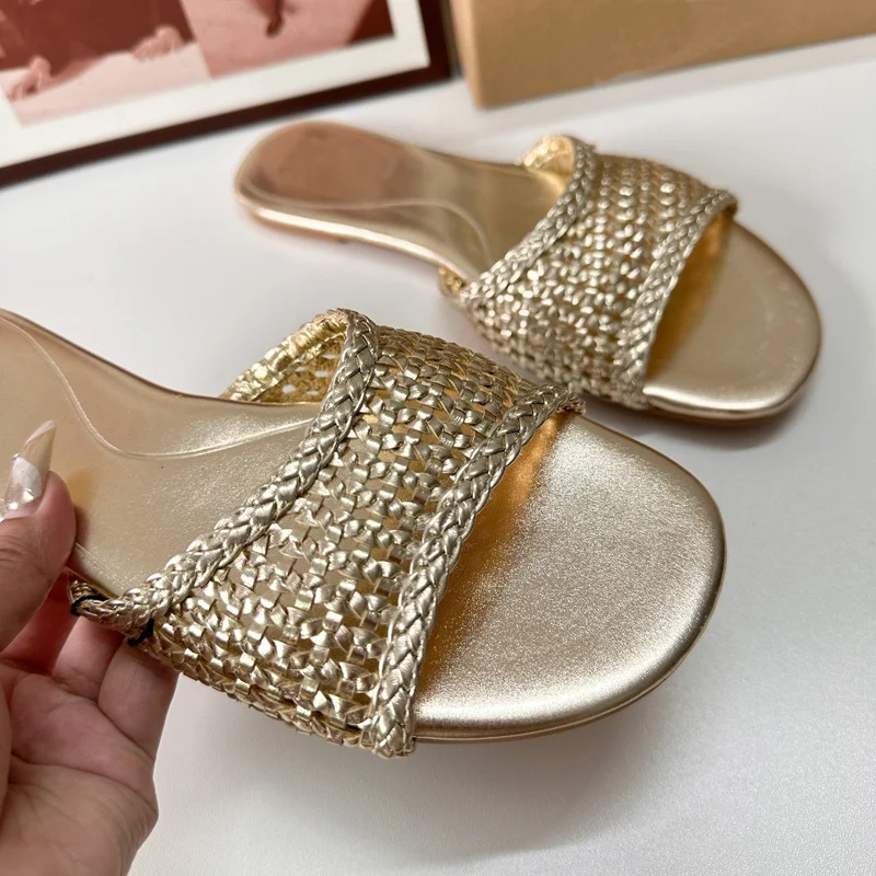 Zafetou Shoes Women 2024 New Product Champagne Color Round Toe Open Toe Woven Flat Bottomed Women's Slippers