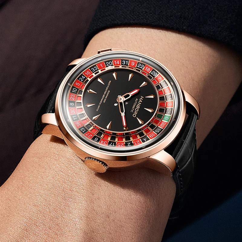 HANBORO Men Automatic Watch 43mm Mechanical Wristwatch One Clicke Play Roulette Game Dial Sapphire Luminous