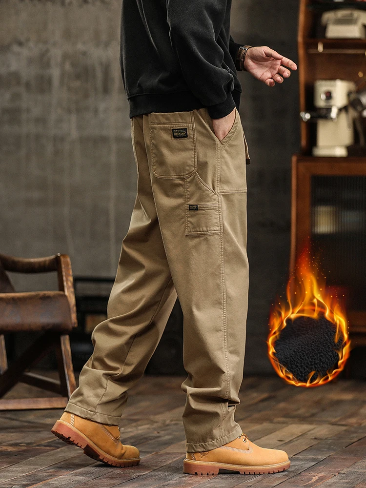 

Men's Winter Cargo Pants Fleece-Lined Thick Warm Casual Pants Workwear Washed Cotton Straight Insulated Trousers No Belts