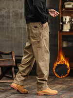 Men's Winter Cargo Pants Fleece-Lined Thick Warm Casual Pants Workwear Washed Cotton Straight Insulated Trousers No Belts