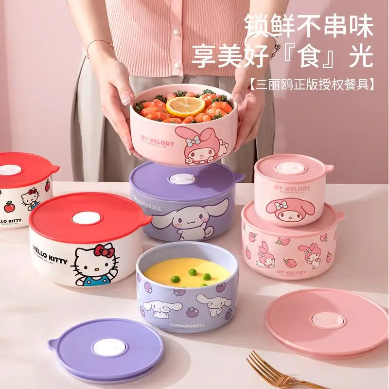 3Pcs Hot Miniso Kawaii Student Multi-Layer Fresh Rice Bowl Suit Hello Kitty Cartoon Portable Office Workers Ceramics Lunch Box