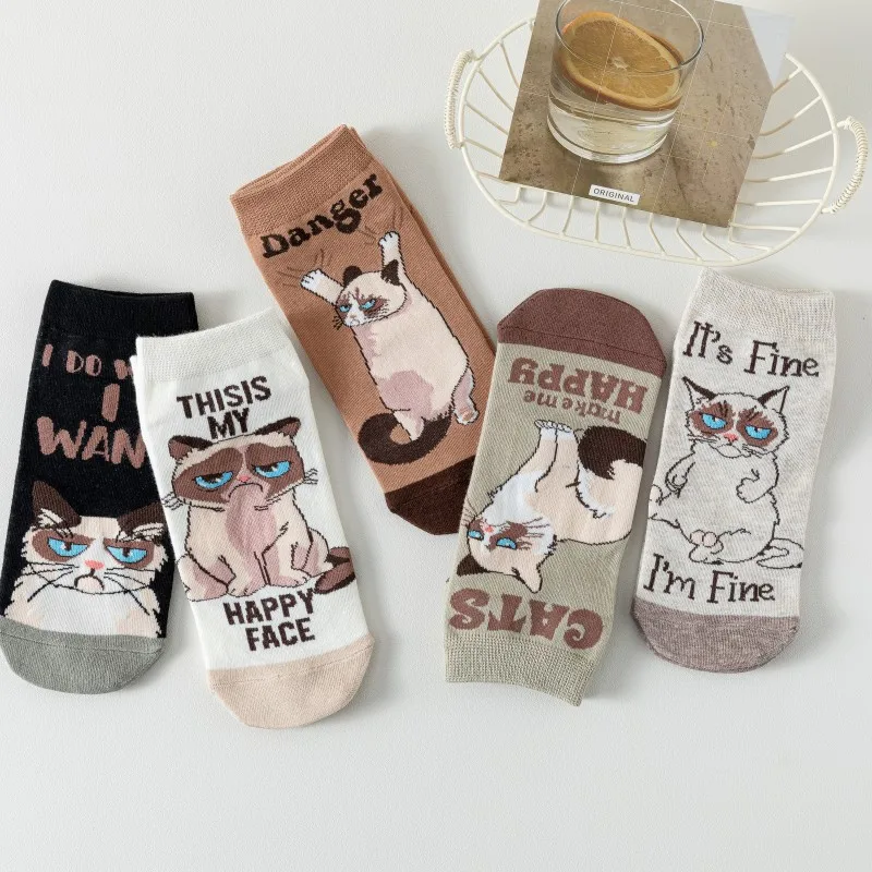 Summer Sour Face Cat Print Short Socks Cute Cartoon Animal Funny Casual Cotton Socks Wholesale Sweat-Absorbing Breathable