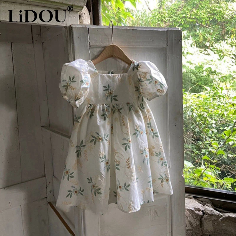 

2023 New Korean Fashion Summer Dress Girls Solid Color Vintage Elegant Fashion Grace Sweet Cute Kawaii Chic Casual Print Robes