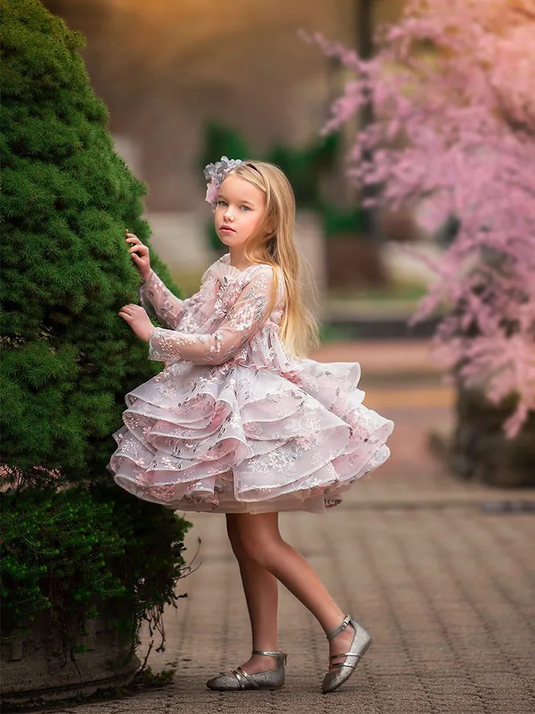 Pink Flower Girl Dresses for Wedding Tulle Floral Pearl Ruffles Kids Little Bride Evening Party  First Communion Ball Gowns