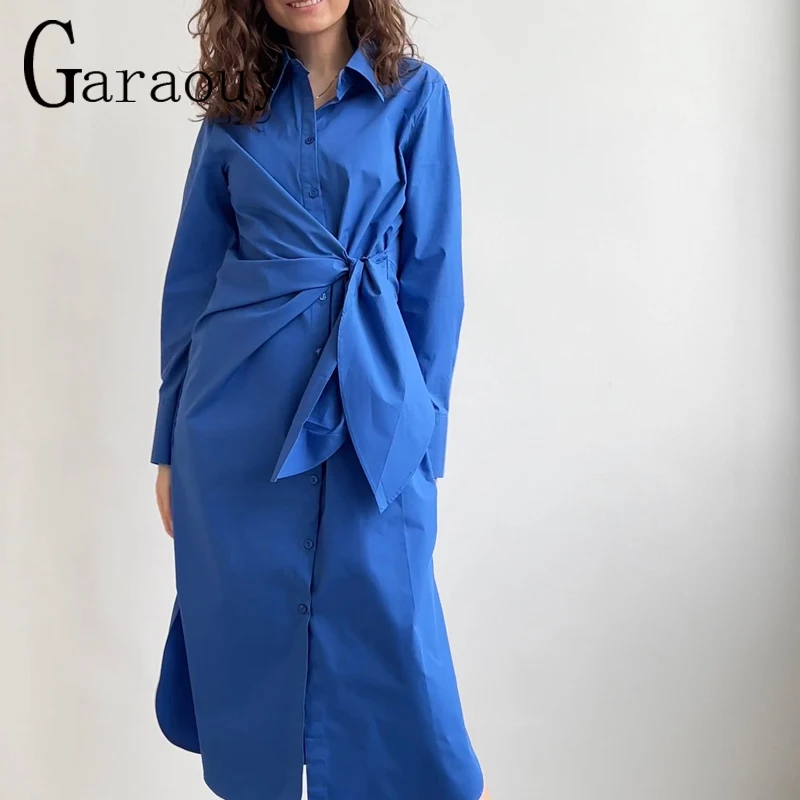 Garaouy 2022 Spring Fashion Women Blue Shirt Dress With Slash Vintage Long Sleeve Office Ladies Midi Dress Sundress Robe Mujer