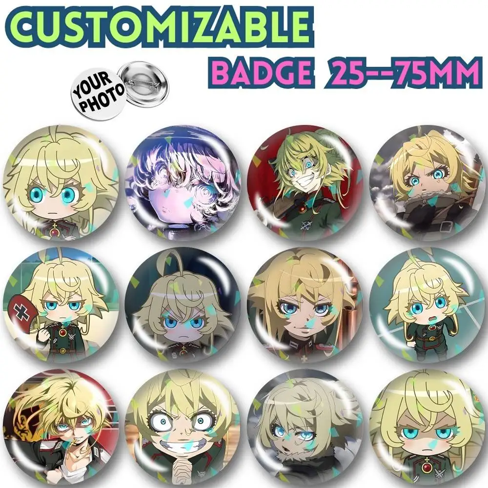 S-Saga of Tanya the Evil Anime Customizable Round Brooch Pins, Personalized Badges With Broken Glass Design Fashion Accessory
